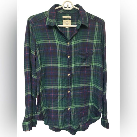 American Eagle Blue Green Amazingly Soft Boyfriend Fit Plaid Flannel Shirt - Picture 1 of 7